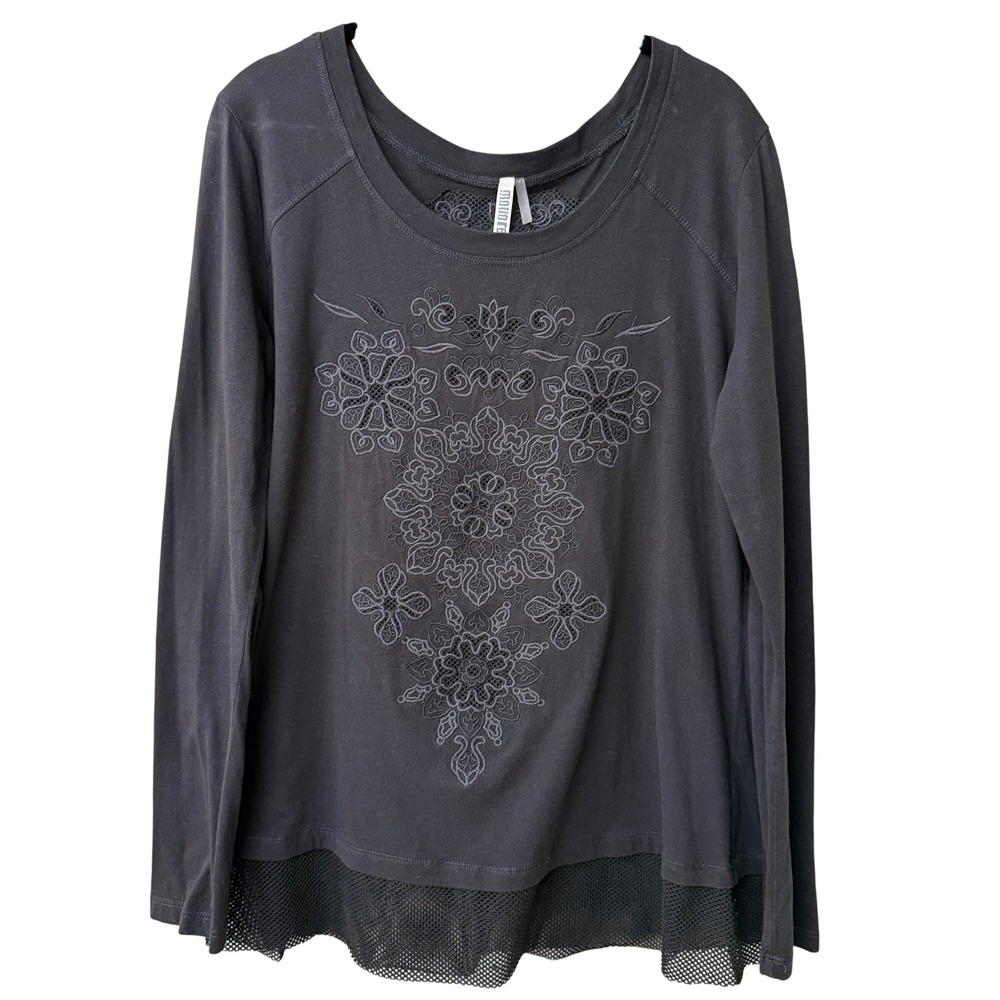 Monoreno Womens Floral Embroidered Mesh Hem Top Size Large Cotton Gray Lagenlook